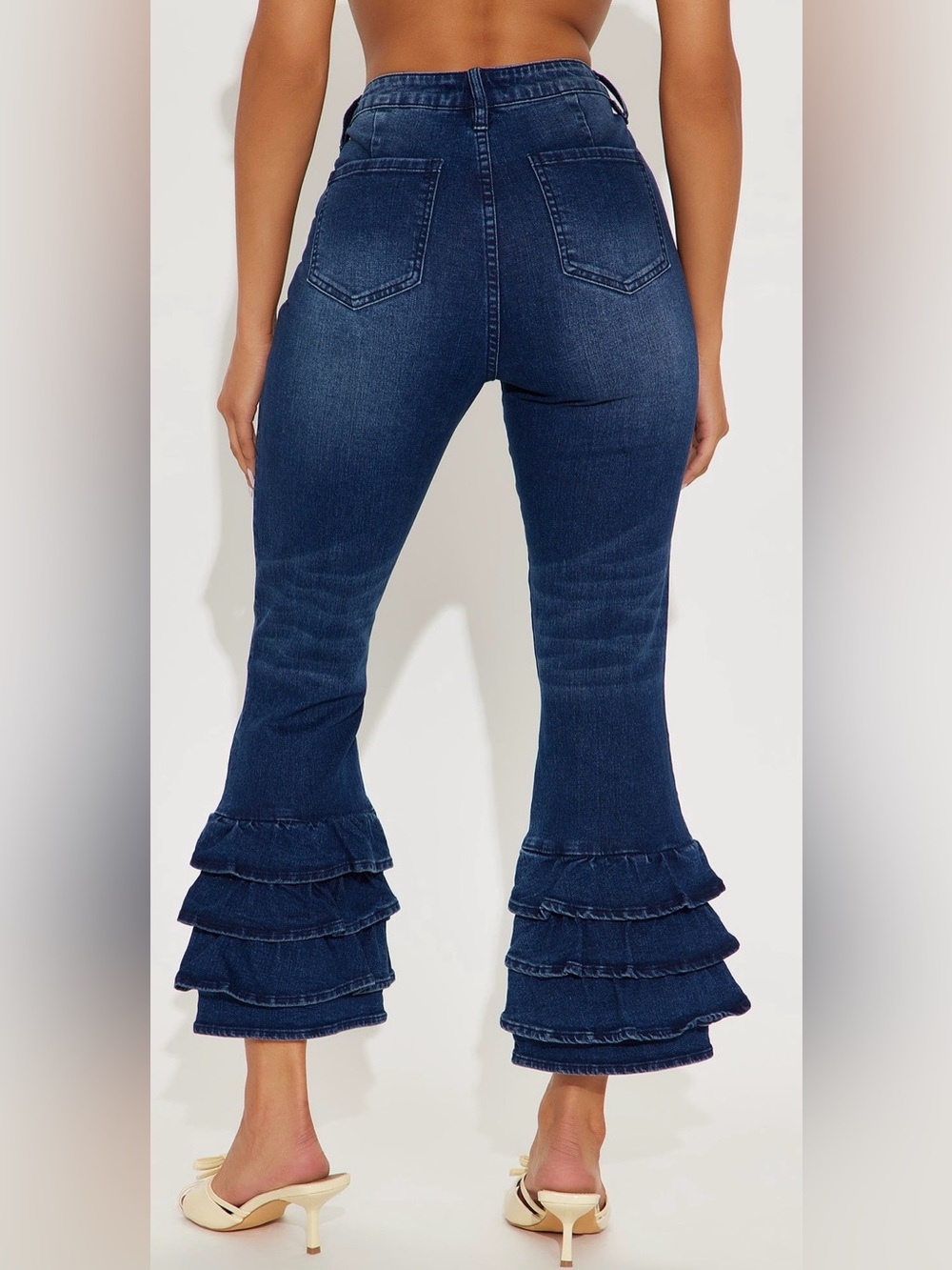 Fashion Nova Dark Blue High-Rise Ruffle Hem Flare Jeans - Picture 3 of 4